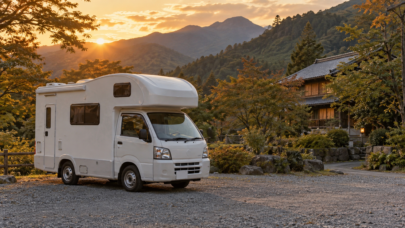 夕暮れの山あいで、和風の宿の前に停めたキャンピングカー