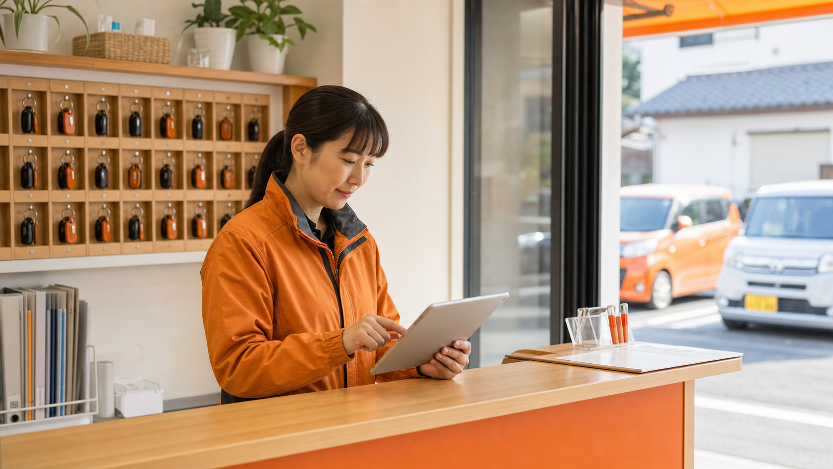 少人数のレンタカー店舗でタブレットを使い受付から車両の受け渡しまでを一人で対応するスタッフのイメージ
