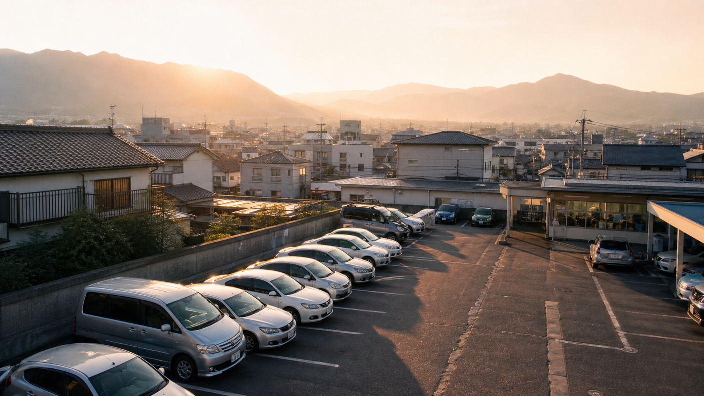 レンタカーが並ぶ駐車場と朝の街並みを俯瞰した、レンタカー業界の市場拡大を象徴するイメージ