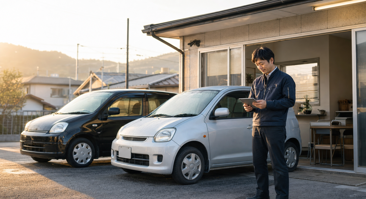 小さな店先に停まる車と、タブレットで予約を確認する店主の朝の風景