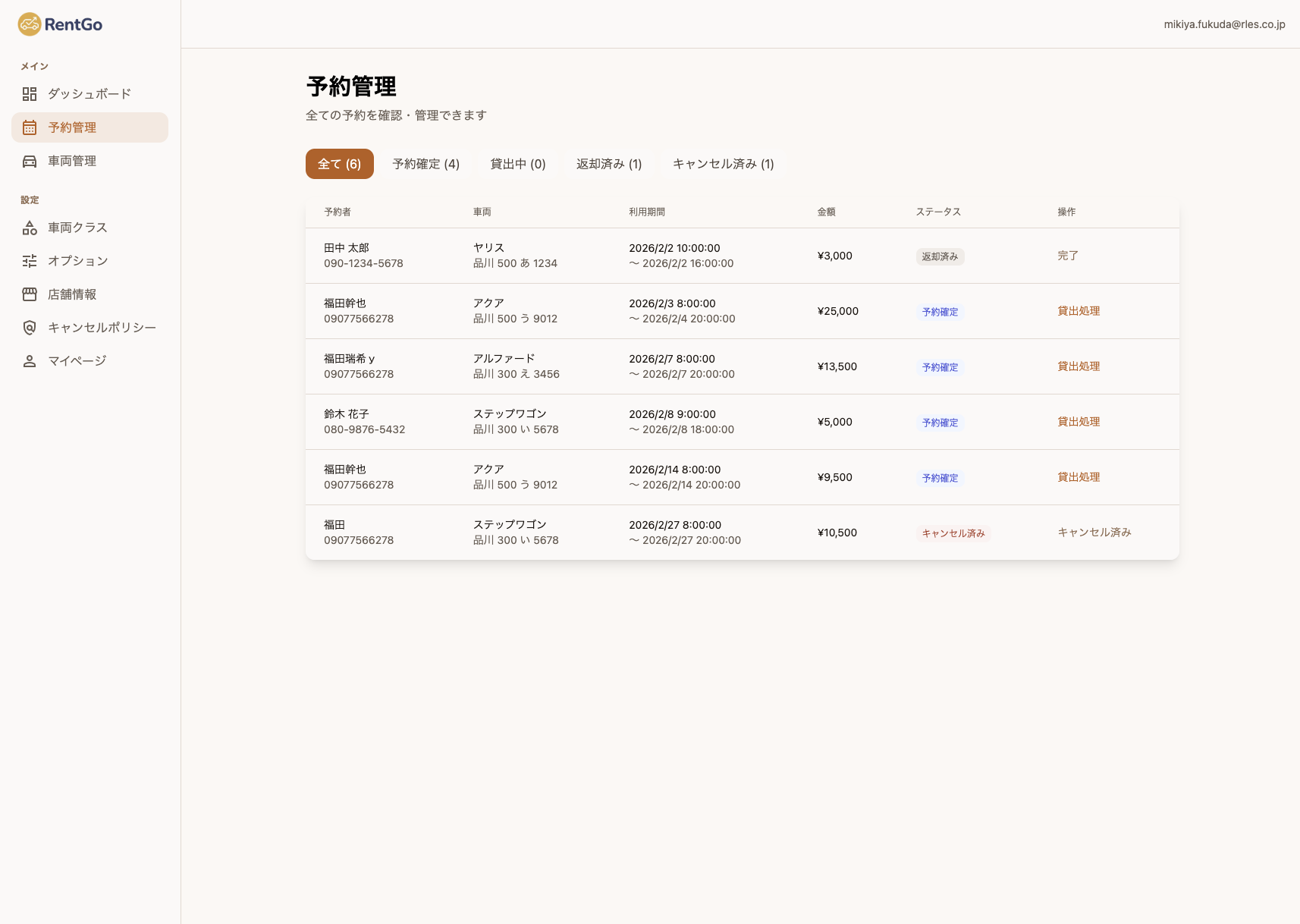 RentGo 予約管理画面 - ステータス別フィルターで予約を一元管理