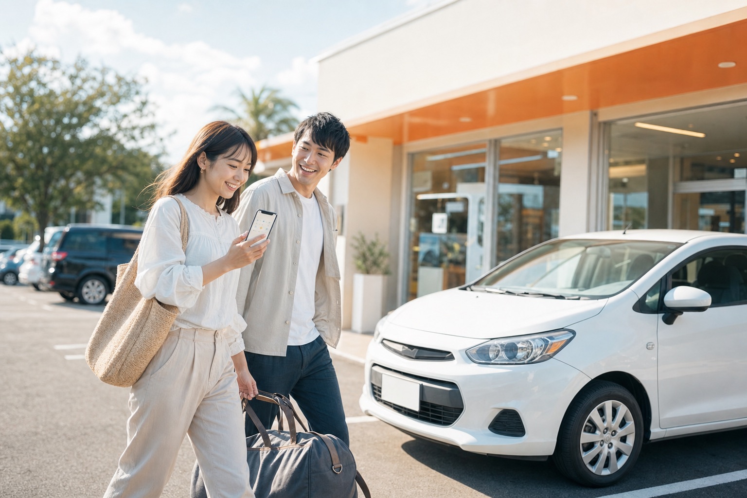 スマホで予約を確認しながらレンタカー店の車へ向かう二人(AI生成イメージ)