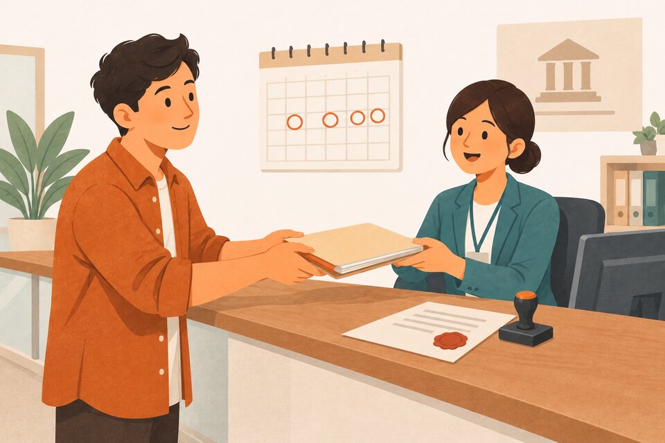 運輸支局の窓口で申請書類一式を提出する事業者のイラスト