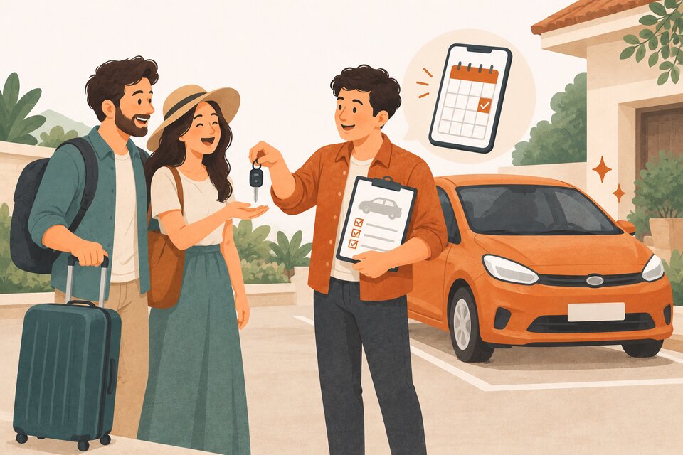 わナンバーの車の前で旅行者に鍵を渡す事業者のイラスト